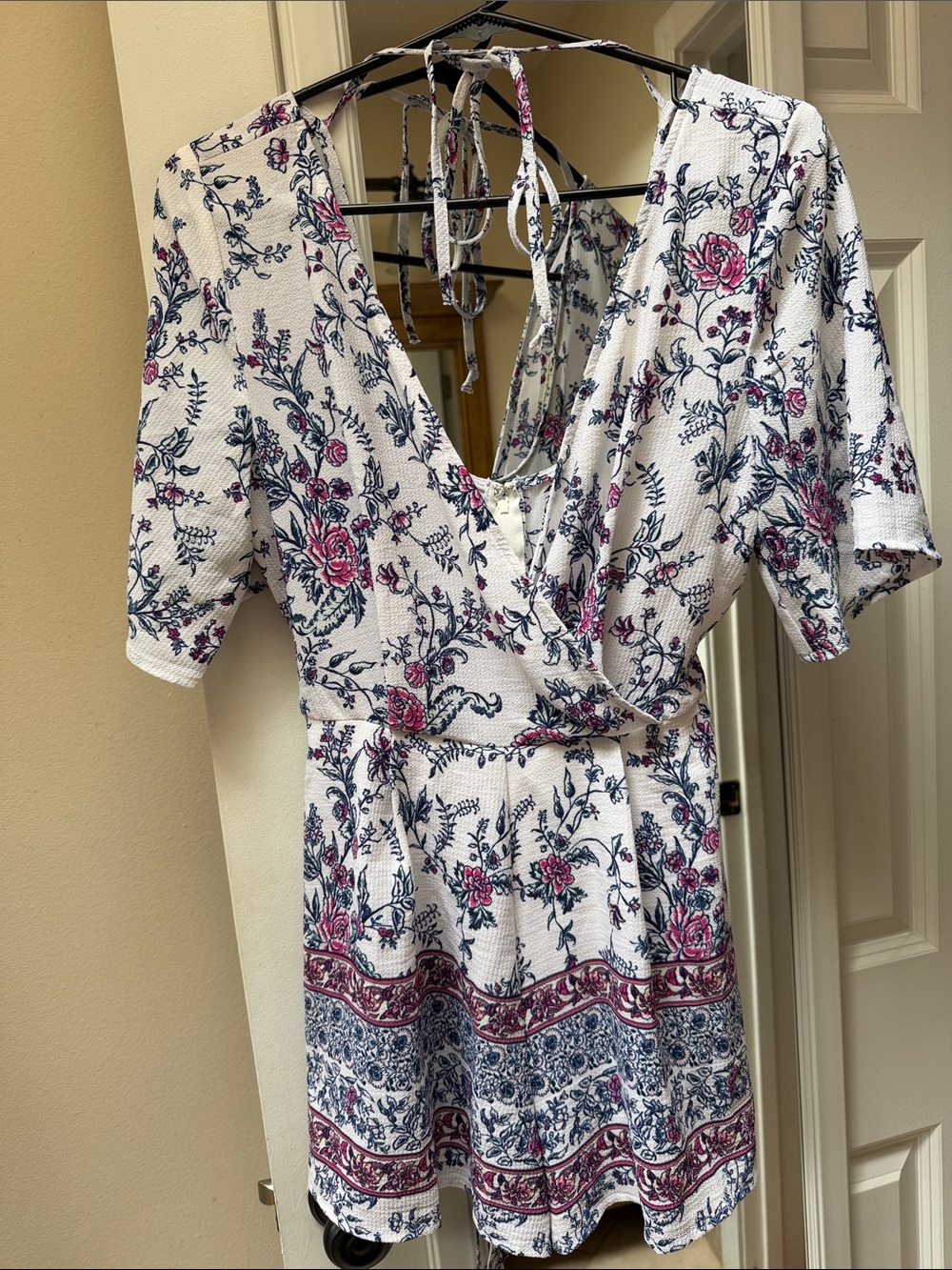 miami White Floral Wrap Mini Dress with Pink & Blue Accents